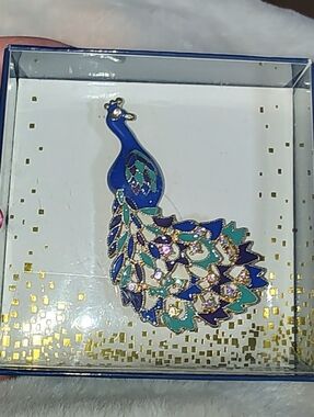 Cloisonne Enamel Peacock Brooch - Blue & Teal With AB Clear Rhinestone Accents